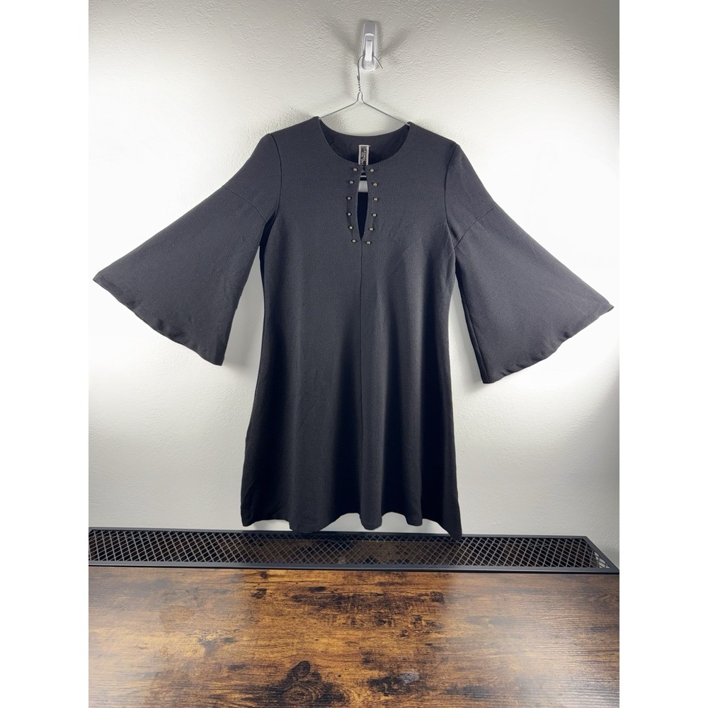 Julian Taylor NY Black Bell Sleeve Dress Studded Keyhole‎ A-Line Tunic Stretch M